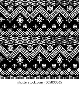 Tribal art boho seamless pattern. Ethnic geometric print. Repeating border background texture in black and white. Fabric, cloth design, wallpaper, wrapping