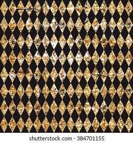 Tribal art boho seamless pattern.Gold polygonal shape: rhombus on black gold sparkle background. Gold polygonal seamless pattern in hipster triangle low poly style.