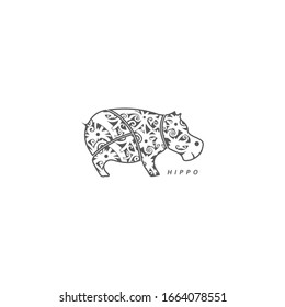 tribal art borneo hippo for coloring book, poster, print, or tattoo. Hand Drawn vector illustration animal.