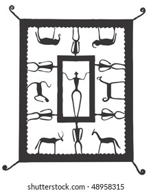 A tribal art design with human and animal figures.