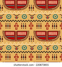 Tribal art Egyptian vintage ethnic silhouettes seamless pattern. Egypt borders. Folk abstract repeating background texture. Cloth design. Wallpaper 