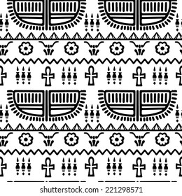 Tribal art Egyptian vintage ethnic silhouettes seamless pattern in black and white. Egypt borders. Folk abstract repeating background texture. Cloth design. Wallpaper 