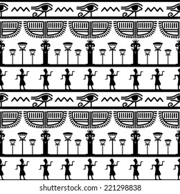 Tribal art Egyptian vintage ethnic silhouettes seamless pattern in black and white. Egypt borders. Folk abstract repeating background texture. Cloth design. Wallpaper 