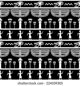 Tribal art Egyptian vintage ethnic silhouettes seamless pattern in black and white. Egypt borders. Folk abstract repeating background texture. Cloth design. Wallpaper 