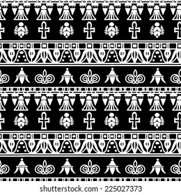 Tribal art Egyptian vintage ethnic silhouettes seamless pattern in black and white. Egypt borders. Folk abstract repeating background texture. Cloth design. Wallpaper 