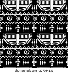 Tribal art Egyptian vintage ethnic silhouettes seamless pattern in black and white. Egypt borders. Folk abstract repeating background texture. Cloth design. Wallpaper 