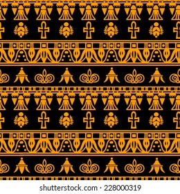 Tribal art Egyptian vintage ethnic silhouettes seamless pattern in black and gold. Egypt borders. Folk abstract repeating background texture. Cloth design. Wallpaper 