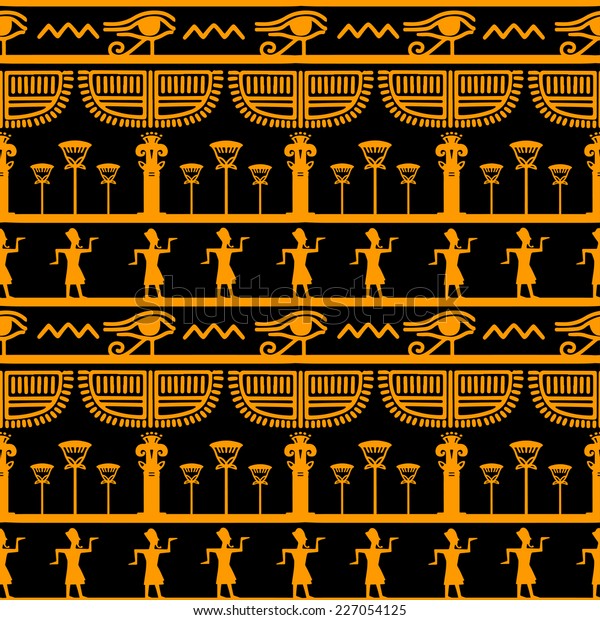 トライバル アートのエジプトビンテージのエスニックシルエット 黒と金のシームレスな柄 エジプトは国境を接している 民族抽象的な繰り返し背景テクスチャー 布のデザイン 壁紙 のベクター画像素材 ロイヤリティフリー