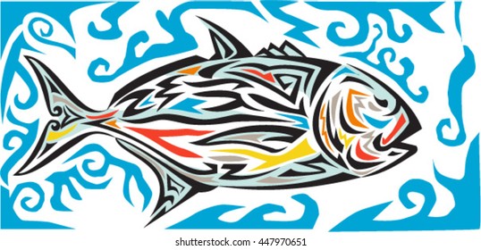 Tribal art illustration of giant trevally, Caranx ignobilis  also known as giant kingfish, lowly trevally, barrier trevally, or ulua a species of large marine fish in jack family, Carangidae in color