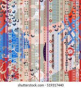 Tribal art print. Boho. Ethnic. Batik tiling background. Abstract seamless pattern, paint stains. Watercolor painting. Chaotic, random brush strokes. Distressed texture, wallpaper, wrapping