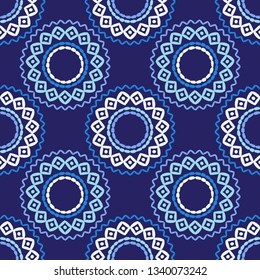 Tribal art seamless pattern. Blue. Ethnic print. Boho. Vector geometric black and white background. Can be used for social media, posters, email, print, ads designs.