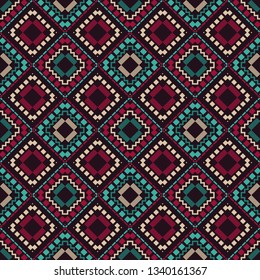 Tribal art seamless pattern. Color - maroon, green, beige. Ethnic print. Boho. Vector geometric black and white background. Can be used for social media, posters, email, print, ads designs.