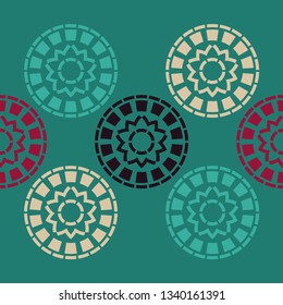 Tribal art seamless pattern. Color - maroon, green, beige. Ethnic print. Boho. Vector geometric black and white background. Can be used for social media, posters, email, print, ads designs.