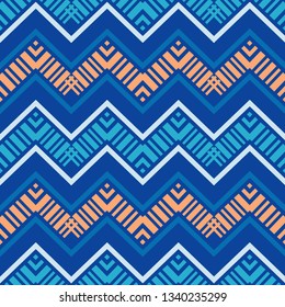 Tribal art seamless pattern. Color - blue, pink, white. Ethnic print. Boho. Vector geometric black and white background. Can be used for social media, posters, email, print, ads designs.