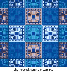 Tribal art seamless pattern. Color - blue, pink, white. Ethnic print. Boho. Vector geometric black and white background. Can be used for social media, posters, email, print, ads designs.