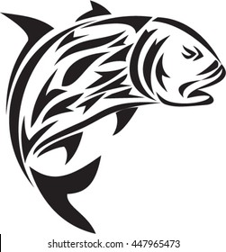 Tribal art style illustration of a giant trevally, Caranx ignobilis  also known as giant kingfish, lowly trevally, barrier trevally, or ulua a large marine fish in the jack family, Carangidae jumping