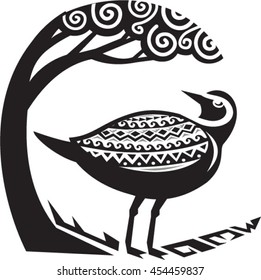 Tribal Art style illustration of a Pacific golden plover, Pluvialis fluva or kolea, a medium-sized plover standing looking up to a tree viewed from the side set inside circle. 