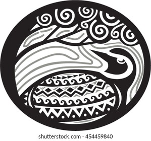 Tribal Art style illustration of a Pacific golden plover, Pluvialis fluva or kolea, a medium-sized plover looking up to a tree viewed from the side set inside oval shape. 