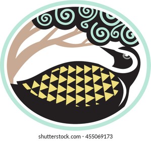 Tribal Art style illustration of a Pacific golden plover, Pluvialis fluva or kolea, a medium-sized plover looking up to a tree viewed from the side set inside oval shape. 