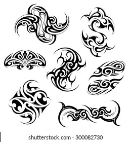 Tribal art tattoo set featuring various ethnic stiles including Maori, Gothic, Celtic, Aztec