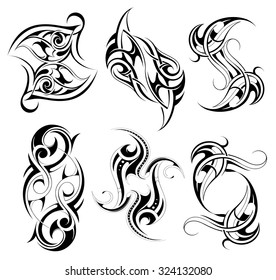 Tribal art tattoo set featuring various ethnic stiles including Maori, Gothic, Celtic, Aztec