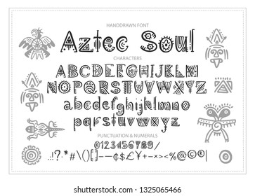 Tribal Aztec Alphabet. Vector ethnic letters with peru decorations. Decorative hand drawn geometric ABS letters for your design.