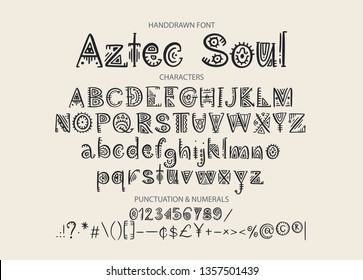 Tribal Aztec Alphabet. Vector ethnic letters with peru decorations. Decorative hand drawn geometric ABS letters for your design.