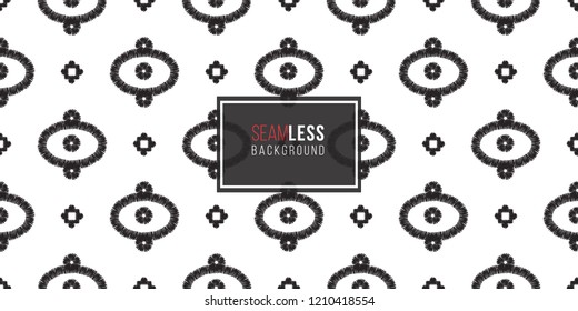 Tribal aztec eye, dots, square. Seamless pattern background. Black and white graphic. Geometric embroideries shapes in minimalistic ethnic, boho, aztec, hipster style.