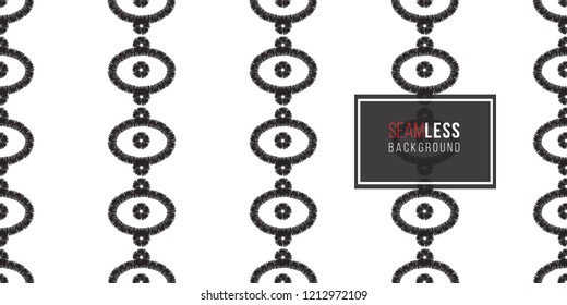 Tribal aztec eye, dots, square. Seamless pattern background. Black and white graphic. Geometric embroideries shapes in minimalistic ethnic, boho, aztec, hipster style.
