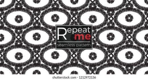Tribal aztec eye, dots, square. Seamless pattern background. Black and white graphic. Geometric embroideries shapes in minimalistic ethnic, boho, aztec, hipster style.