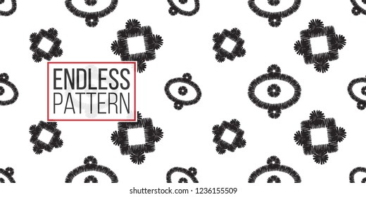 Tribal aztec eye, dots, square. Seamless pattern background. Black and white graphic. Geometric embroideries shapes in minimalistic ethnic, boho, aztec, hipster style.
