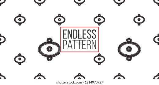 Tribal aztec eye. Seamless pattern background. Black and white graphic. Geometric embroideries shapes in minimalistic ethnic, boho, aztec, hipster style.