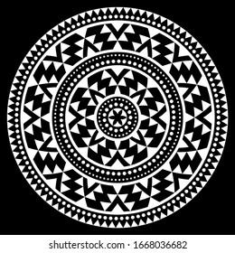 Tribal Aztec mandala vector pattern, bohemian geometric round white design zen decoration on black background. Mandala illustration  boho style with geometric shapes, monochrome yoga art