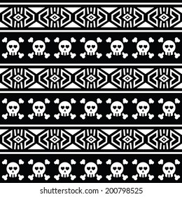 Tribal Aztec seamless pattern with skull on black  