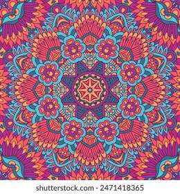 Tribal aztec seamless vector design. Festive colorful ethnic indian mandala art pattern. Geometric medallion fantasy boho flowers. Psychedelic festival background