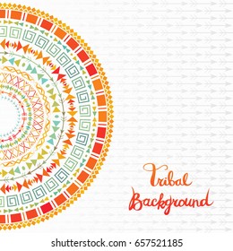 Tribal background with aztec ornament. Abstract half round ethnic pattern. Colorful element. Grey backdrop with arrows. Bohemian style. Card, invitation or poster template. Vector illustration.