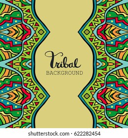 Tribal background in bright colors. Abstract borders with ethnic pattern. Fancy aztec ornament. Boho style. Card, invitation or poster template. Vector illustration.
