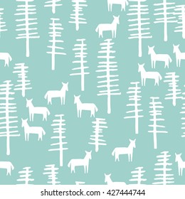 Tribal background with horses and trees, creative forest, retro seamless pattern, art fabric, fantasy vector wallpaper for decoration and design