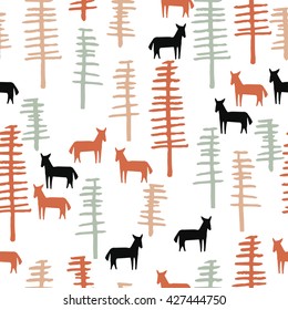 Tribal background with horses and trees, creative forest, retro seamless pattern, art fabric, fantasy vector wallpaper for decoration and design