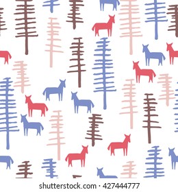 Tribal background with horses and trees, creative forest, retro seamless pattern, art fabric, fantasy vector wallpaper for decoration and design