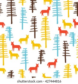 Tribal background with horses and trees, creative forest, retro seamless pattern, art fabric, fantasy vector wallpaper for decoration and design