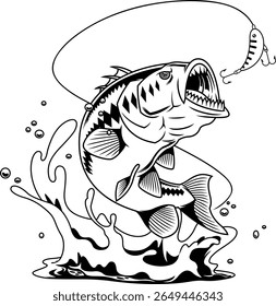 Tribal Bass Fish Cartoon Personagem com dentes afiados saltando em isca - preto e branco vetor mão desenhada ilustração isolada em fundo transparente
