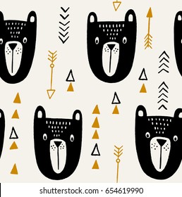 Tribal bear vector pattern. Native american cartoon background with arrows and triangles for kids clothing.