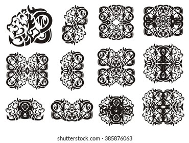 Tribal big freakish dragon set. Ornate twirled dragon with a tail in the form of an arrow, patterns and symbols from him