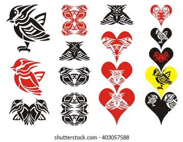 Tribal bird and hearts. Little striped bird in the form of a wasp, the collection of hearts and symbols formed from a bird