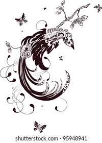 tribal bird resting on ornate background tree