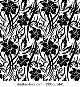 Tribal black Flower seamless pattern with leaves, drops and curls on white background. Backdrop vector illustration