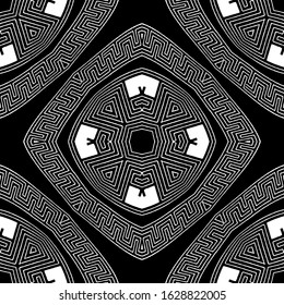 Tribal black and white geometric  greek style vector seamless pattern. Ornamental geometry ethnic background. Monochrome abstract elegant backdrop. Geometrical modern ornate greek key meander ornament