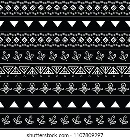 Tribal black and white seamless repeat pattern. Great for folk modern wallpaper, backgrounds, invitations, packaging design projects. Surface pattern design.