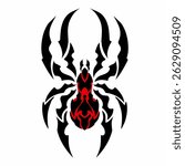 Tribal Black Widow Spider Design Black and Red Symmetrical Tattoo Vector